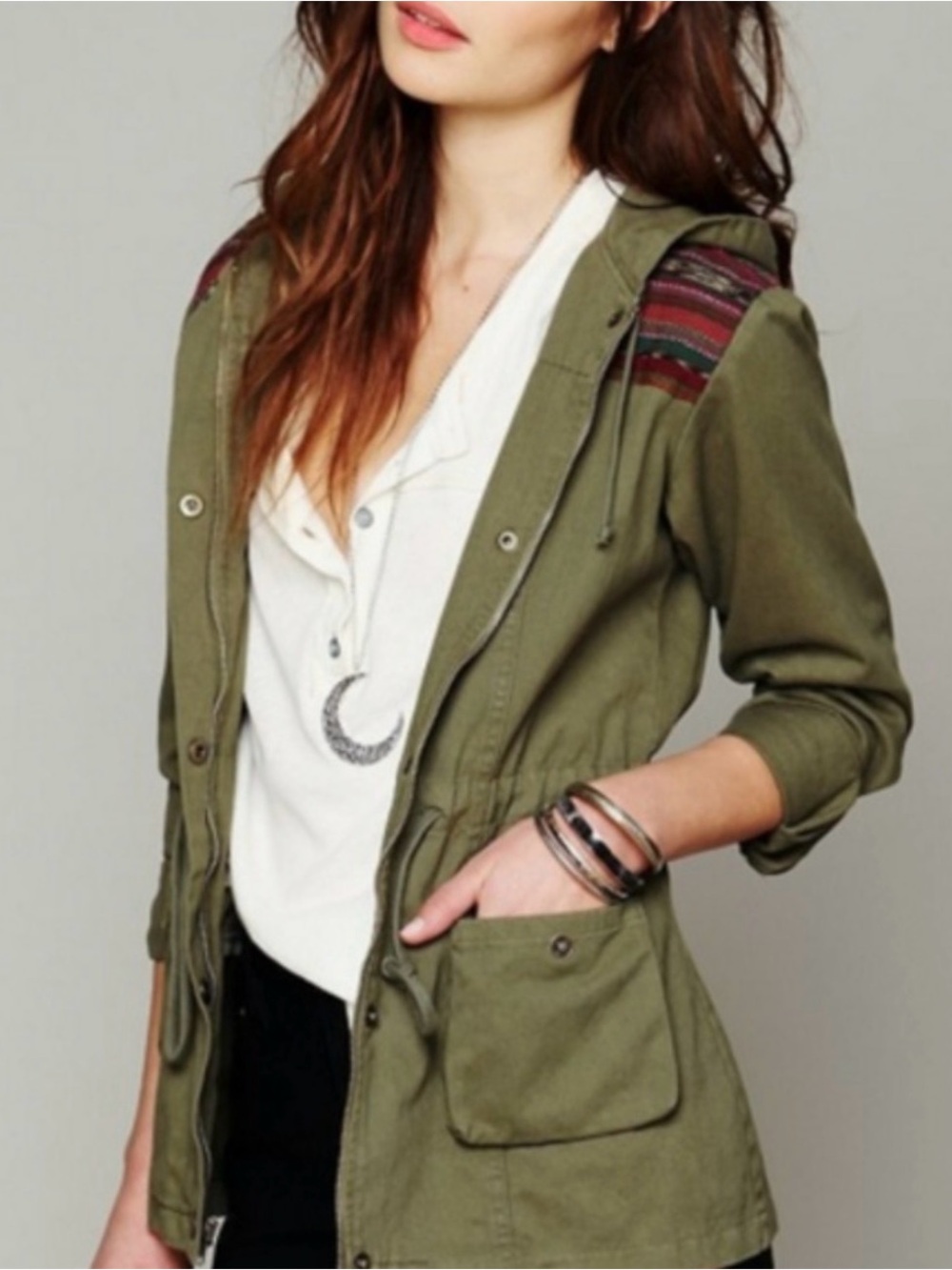 Free People Jen’s Pirate Booty Olive Green Hooded Utility Jacket Aztec